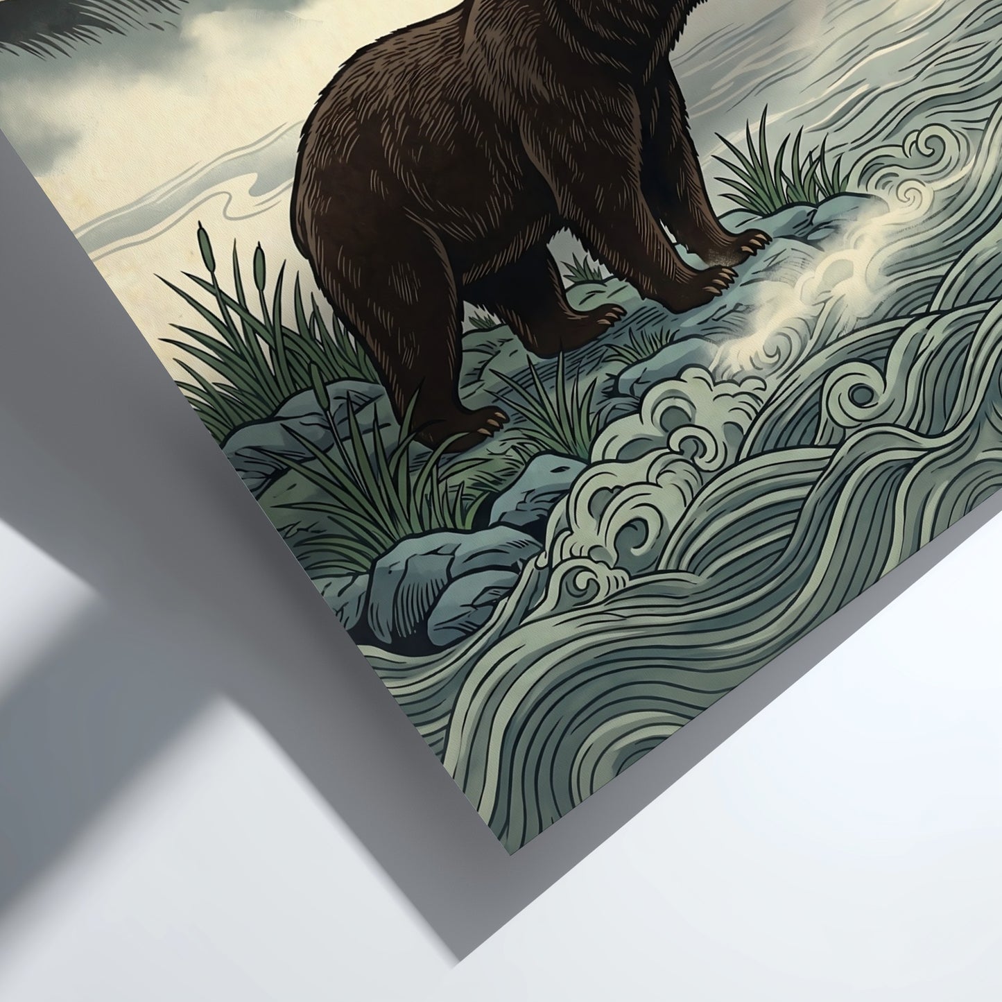 Japanese art style poster featuring a bear by a misty river with soft waves and muted colors