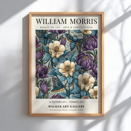 William Morris poster featuring floral patterns in blue, purple, and cream colors, showcasing Arts & Crafts