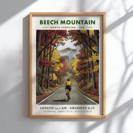 Poster of a cyclist riding up a winding Beech Mountain road in autumn