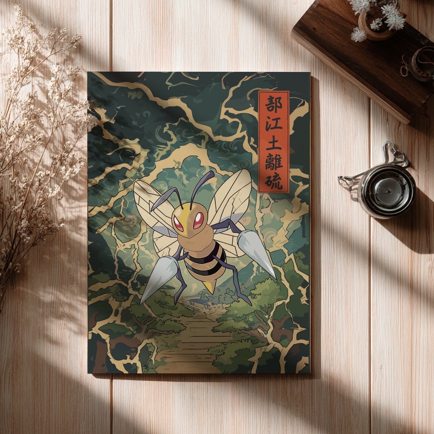 Poster with Beedrill Pokemon illustration on a wooden surface