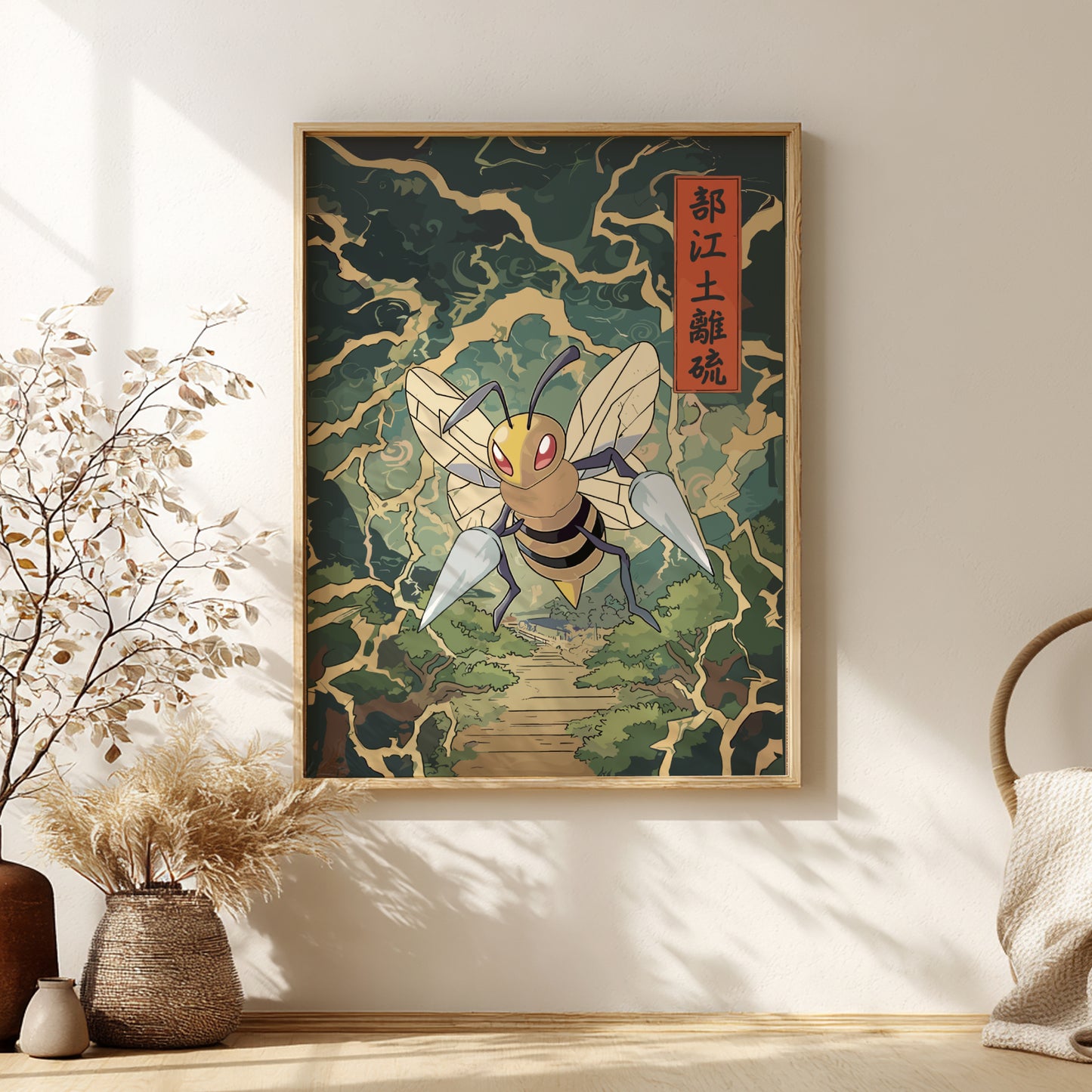 Framed artwork of Beedrill Pokemon on a wall with decorative elements.