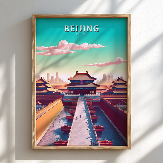 Framed poster of a traditional Chinese building with 'Beijing, China' text on a light background