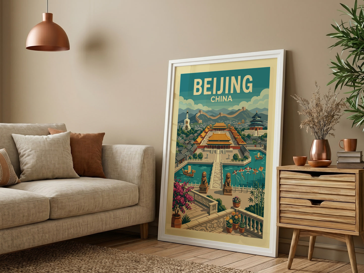 Vintage Beijing China travel poster featuring the Forbidden City in a retro illustration style.
