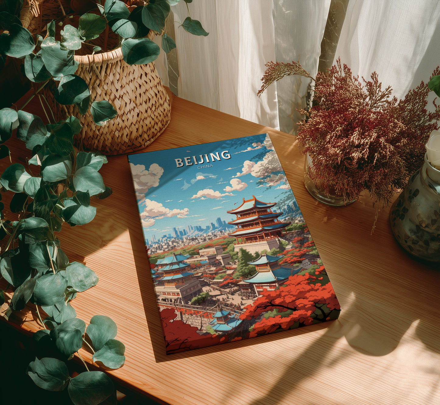 Book titled 'Beijing' on a wooden table with plants around