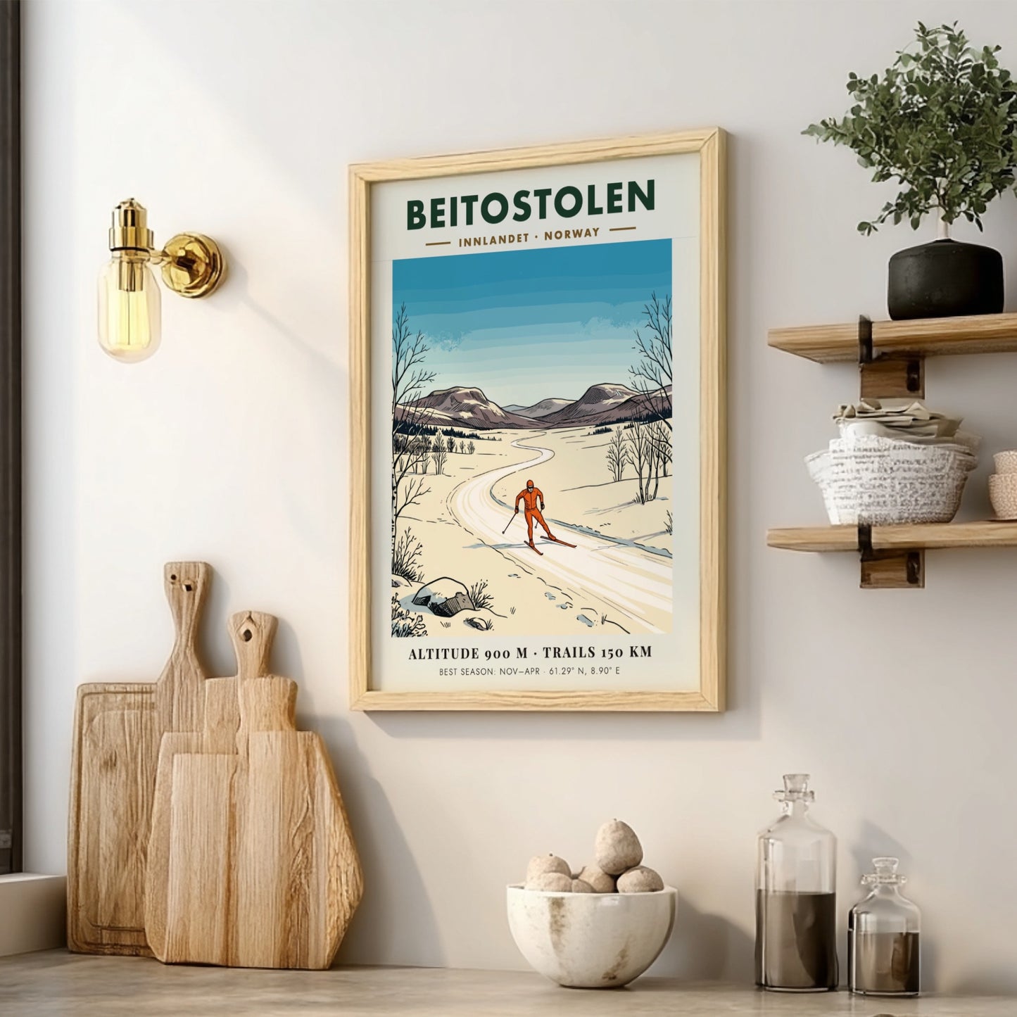 Poster of a cross-country skier in Beitostolen Norway with snowy mountains and trees.