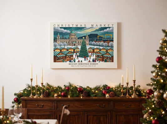 Poster of Belfast Christmas Market featuring the city hall with snowy stalls and trees.
