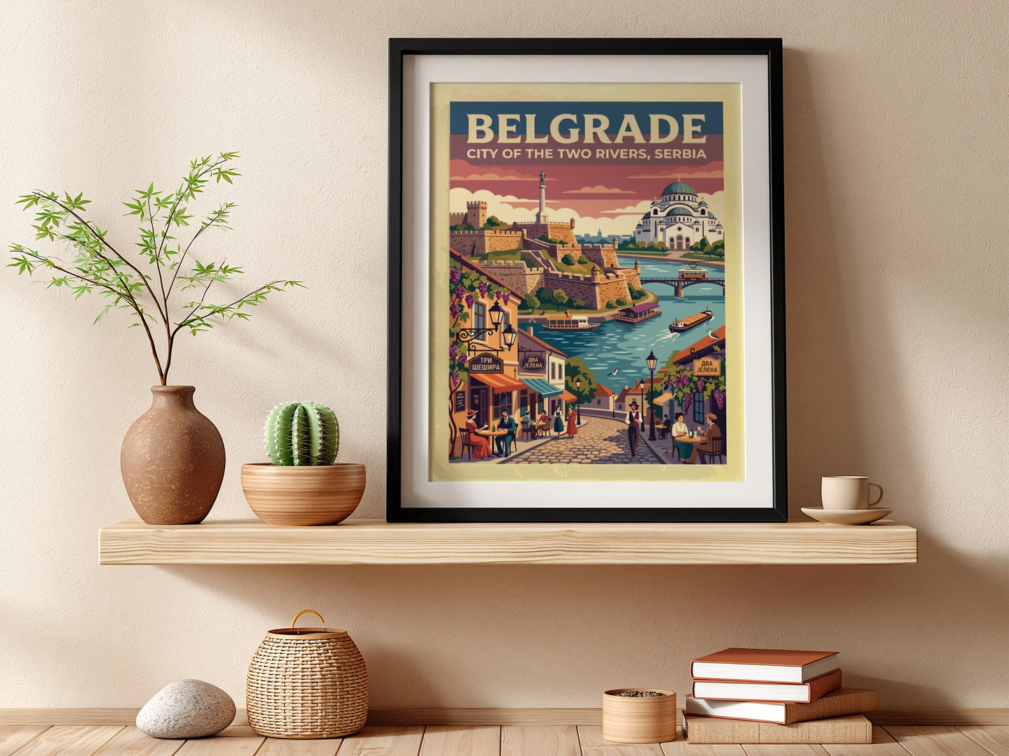 Travel poster featuring Belgrade, Serbia with the fortress, Saint Sava Temple, and rivers.