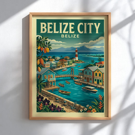 Retro illustration travel poster of Belize City featuring colorful buildings, a lighthouse, and boats.