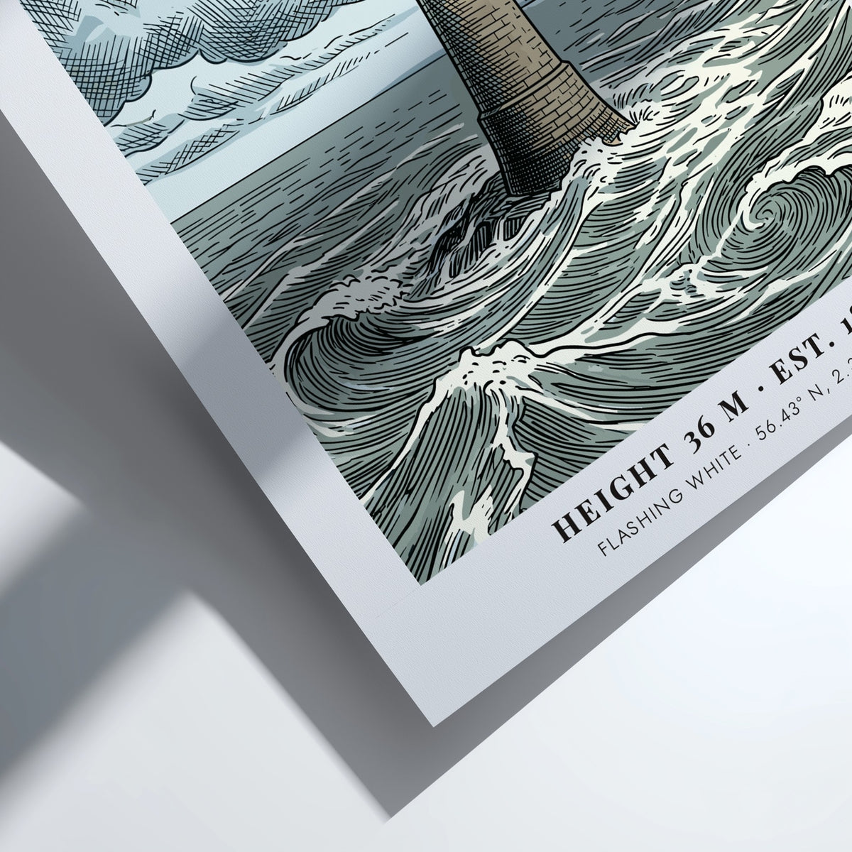 Poster of Bell Rock Lighthouse on the Angus coast with crashing sea waves.