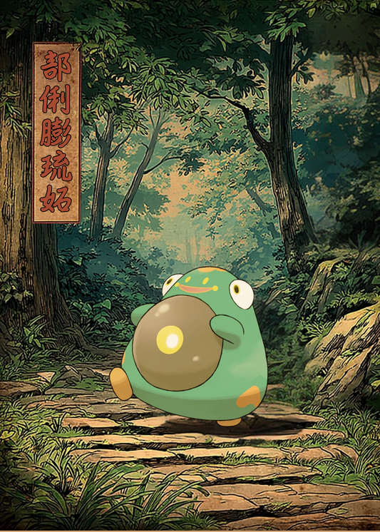 Bellibolt Pokemon character in a forest setting with a sign in the background