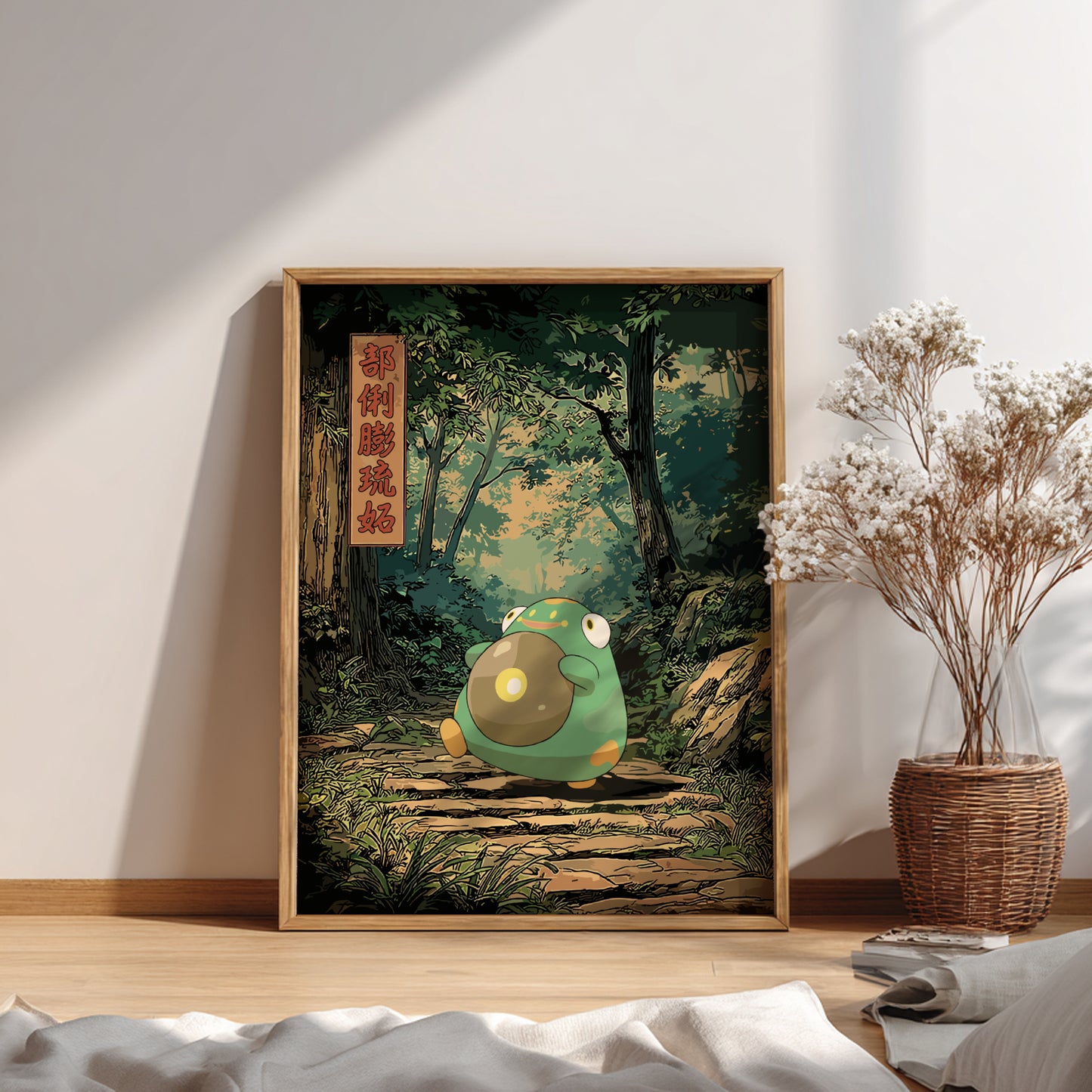 Framed artwork of Bellibolt Pokemon in a forest setting on a wall.