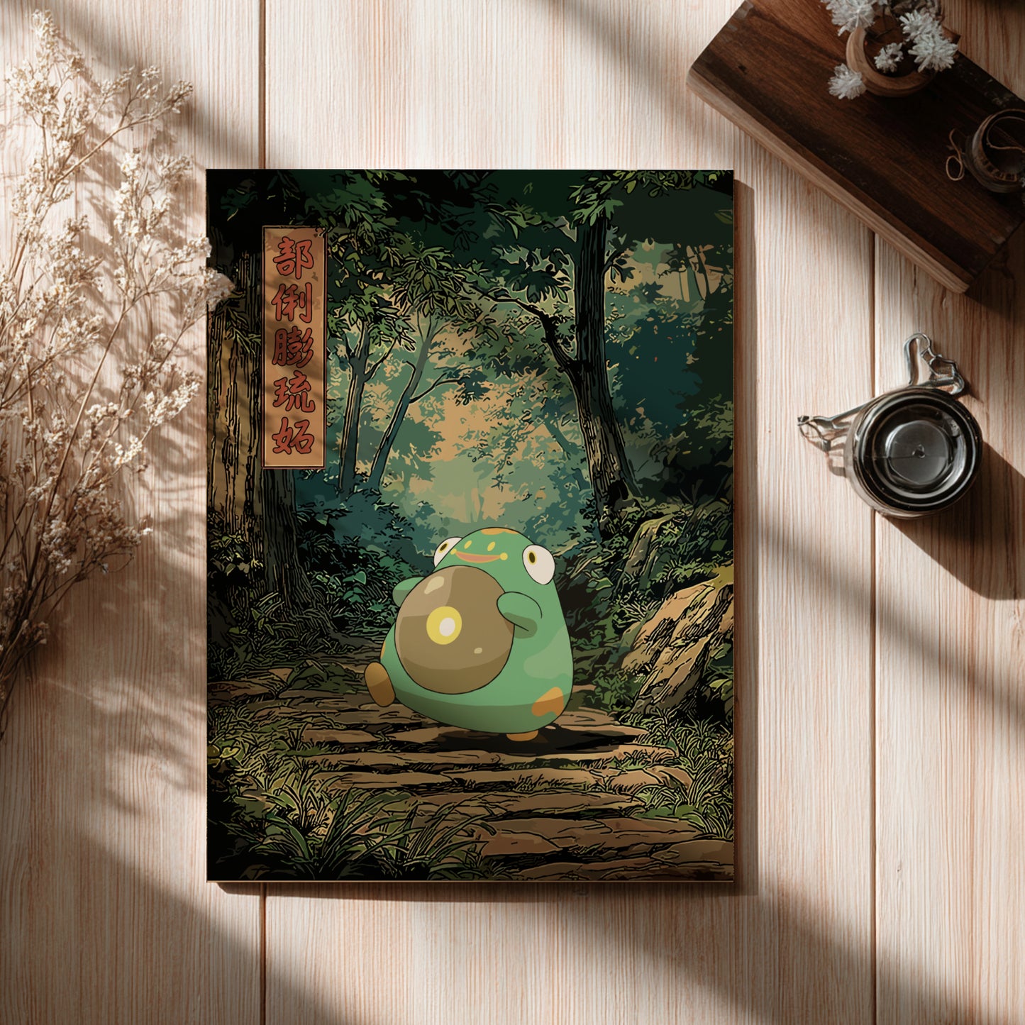 Bellibolt Pokemon in a forest setting on a wooden surface with a cup and branches.