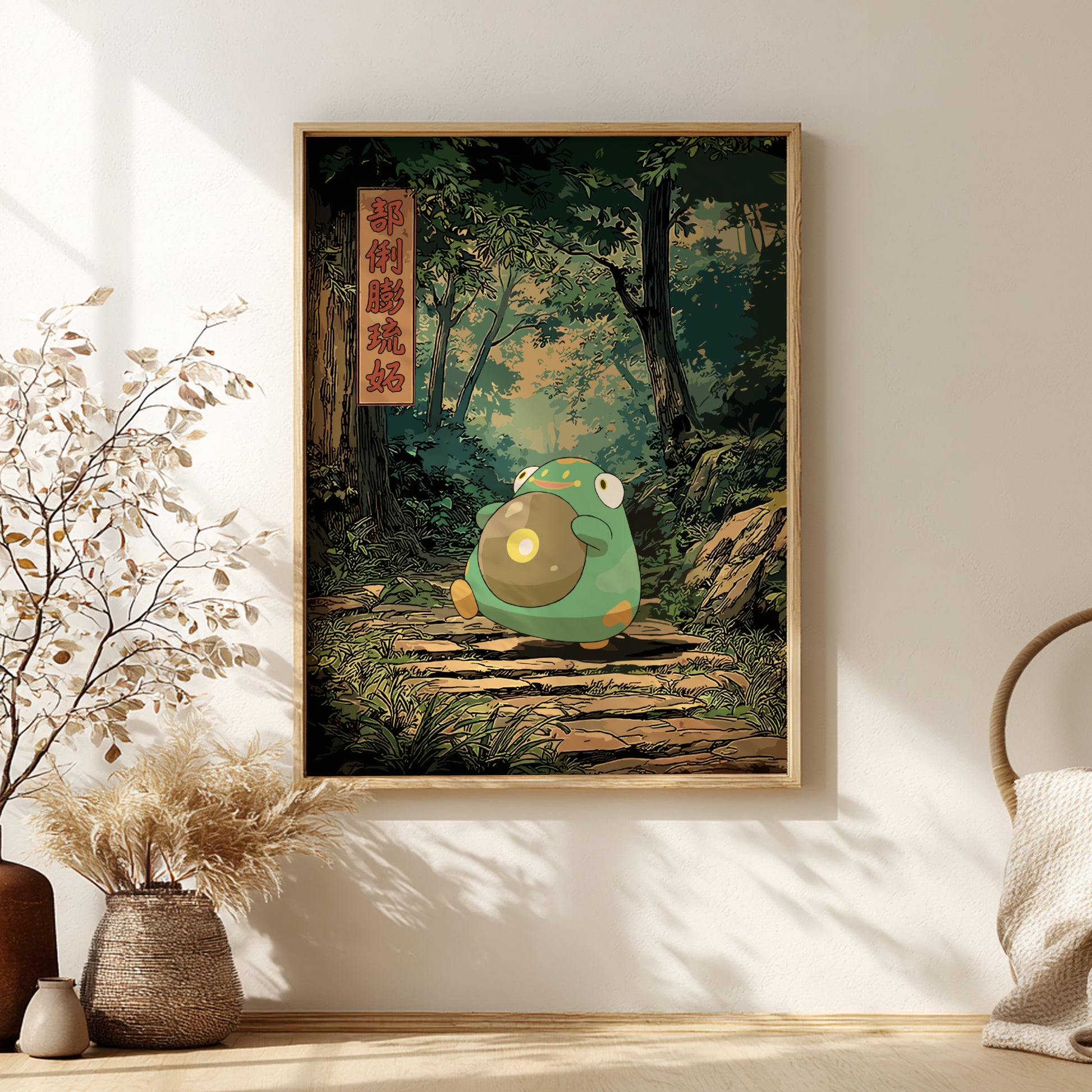 Framed artwork of Bellibolt Pokemon in a forest setting on a wall.