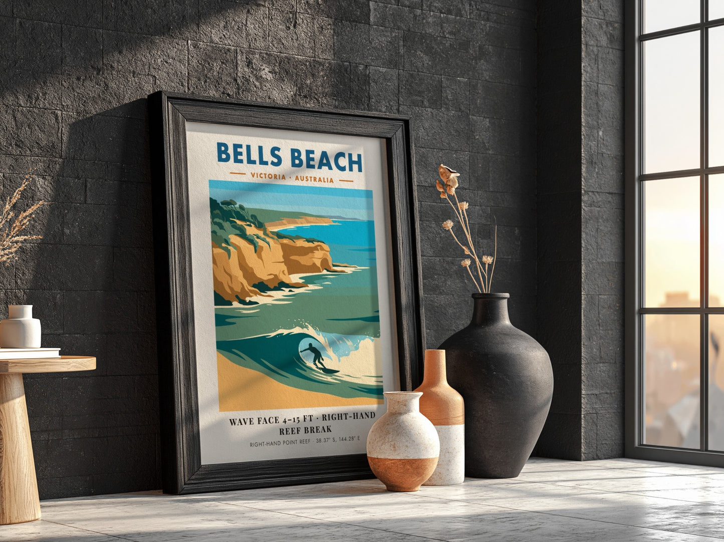 Bells Beach travel poster featuring a surfer on a wave with golden cliffs background