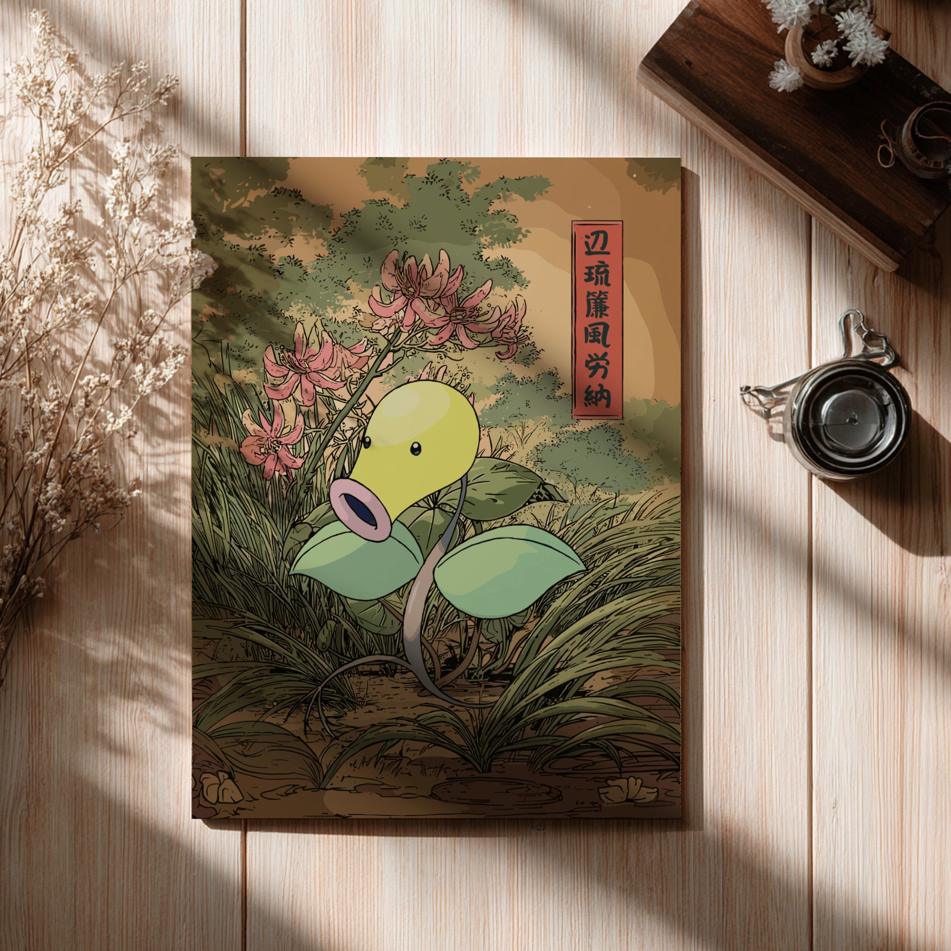 Poster with Bellsprout Pokemon illustration on a wooden surface
