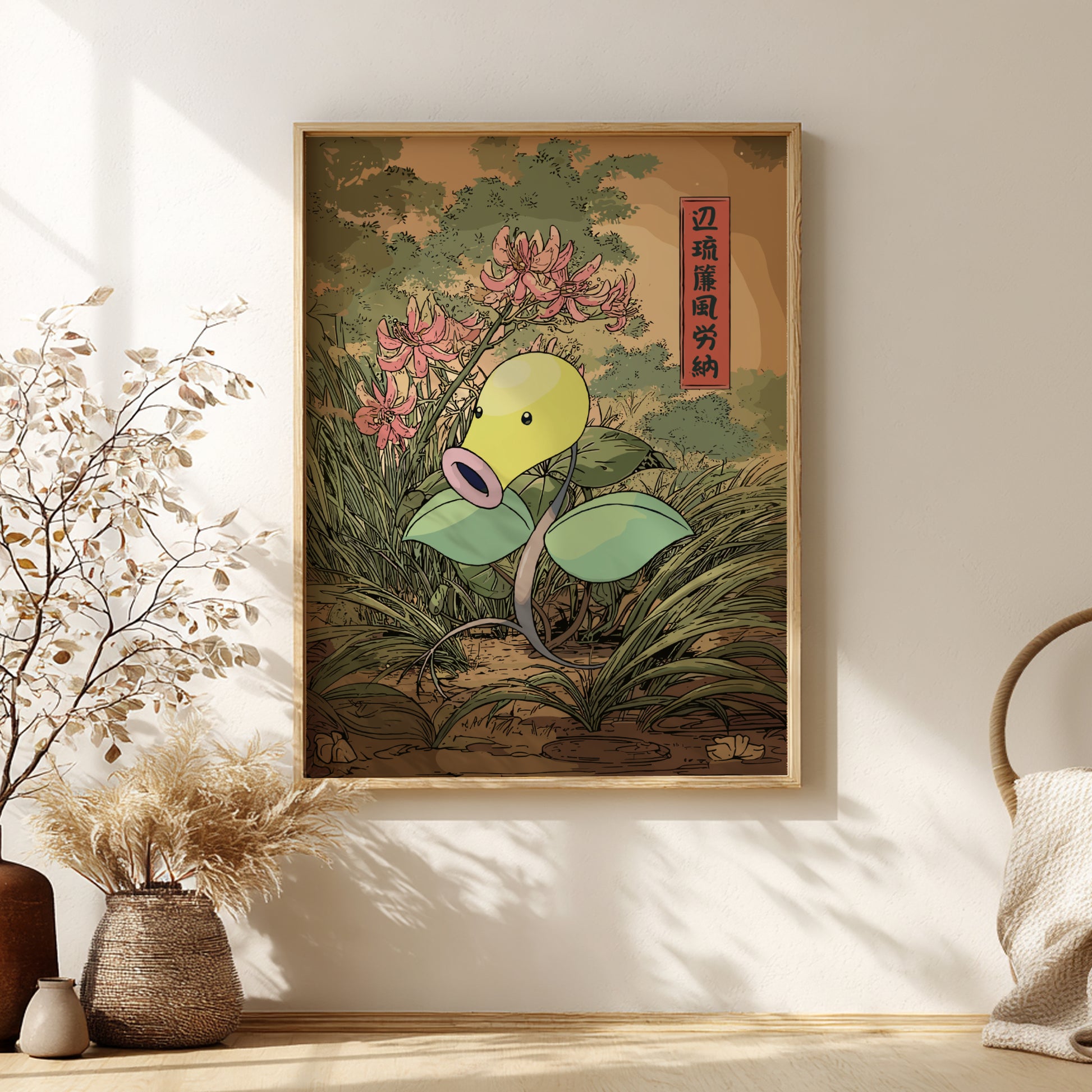 Framed artwork of Bellsprout Pokemon with flowers on a wall.