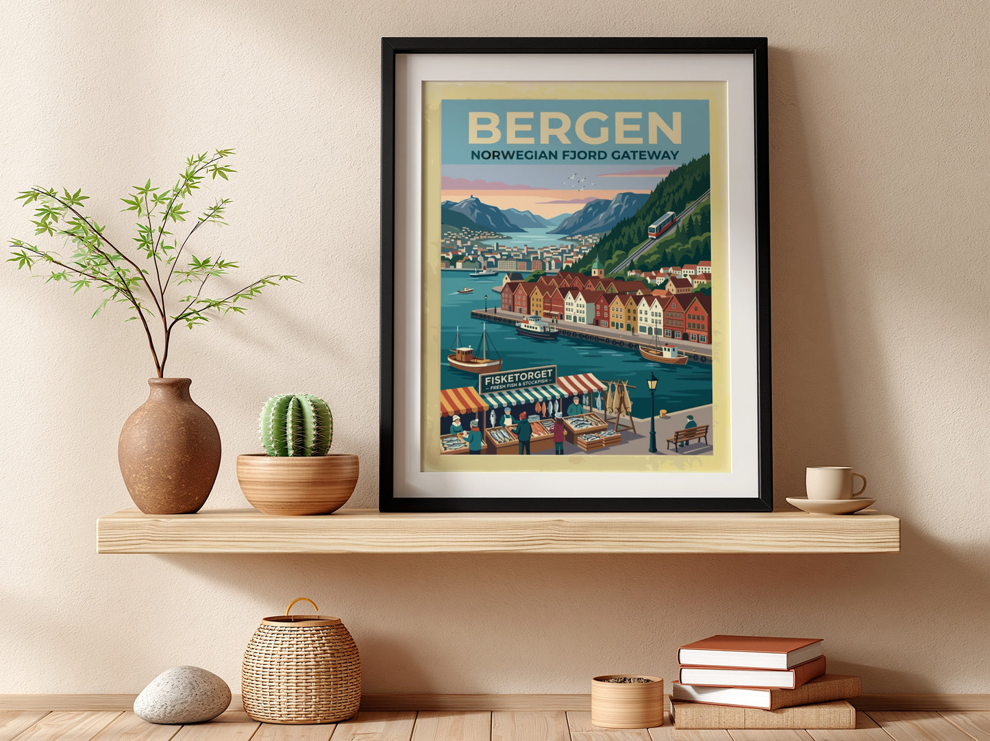 Travel poster of Bergen Norway featuring colourful wooden buildings, a funicular, and boats.