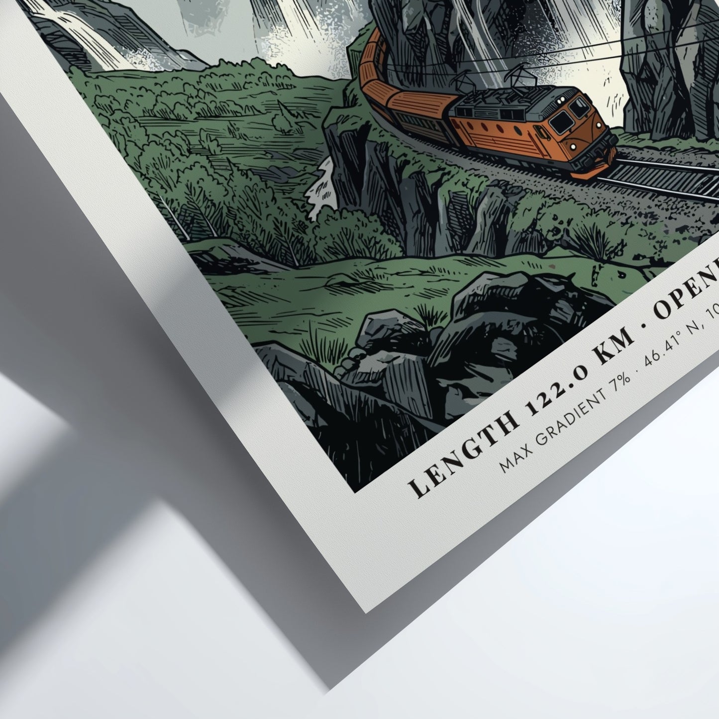 Poster featuring an orange train climbing through the Swiss Alps near dramatic waterfalls.