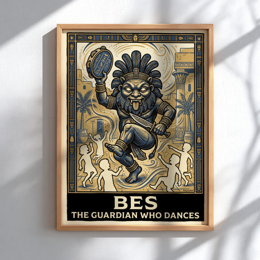 Poster featuring Bes the Egyptian deity dancing with a tambourine and a blade.