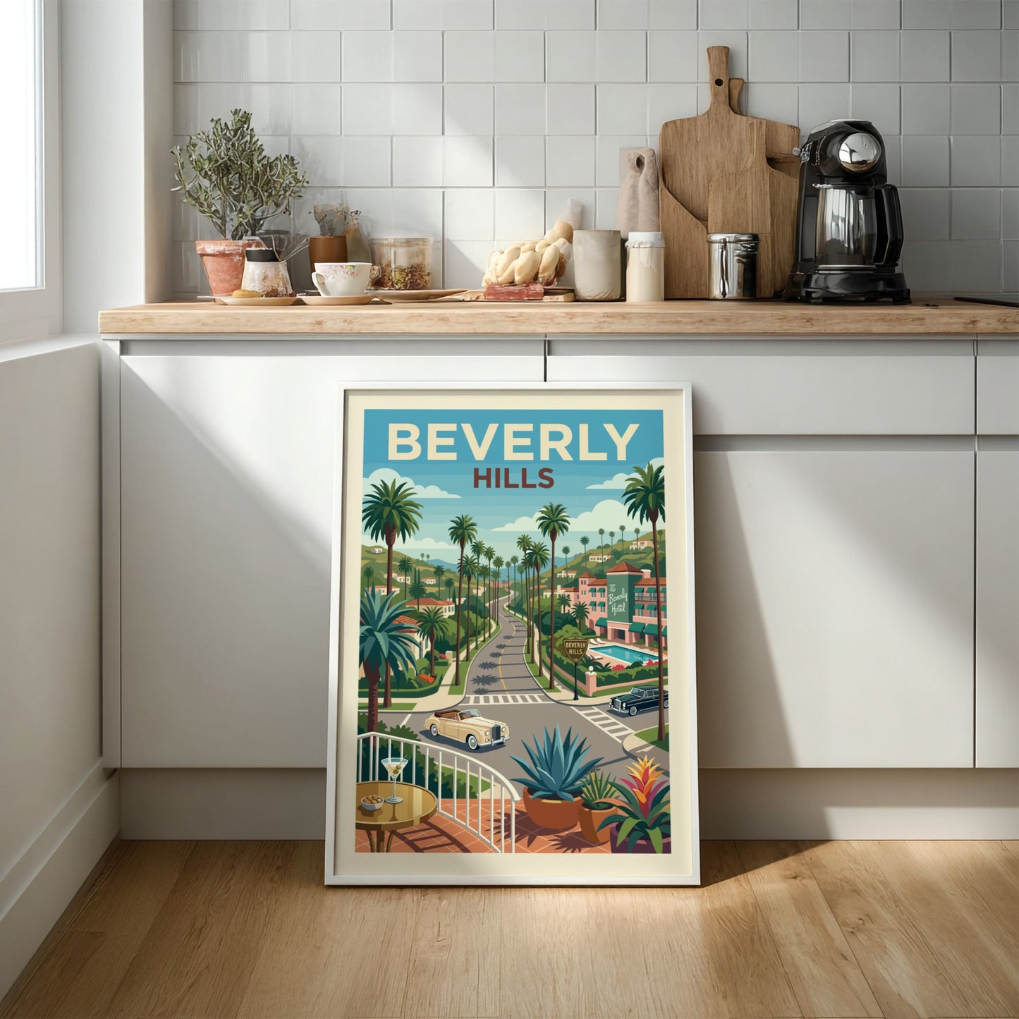 Vintage Beverly Hills road poster with palm trees, classic cars, and hotel. Retro travel art.