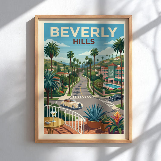 Vintage Beverly Hills road poster with palm trees, classic cars, and hotel. Retro travel art.