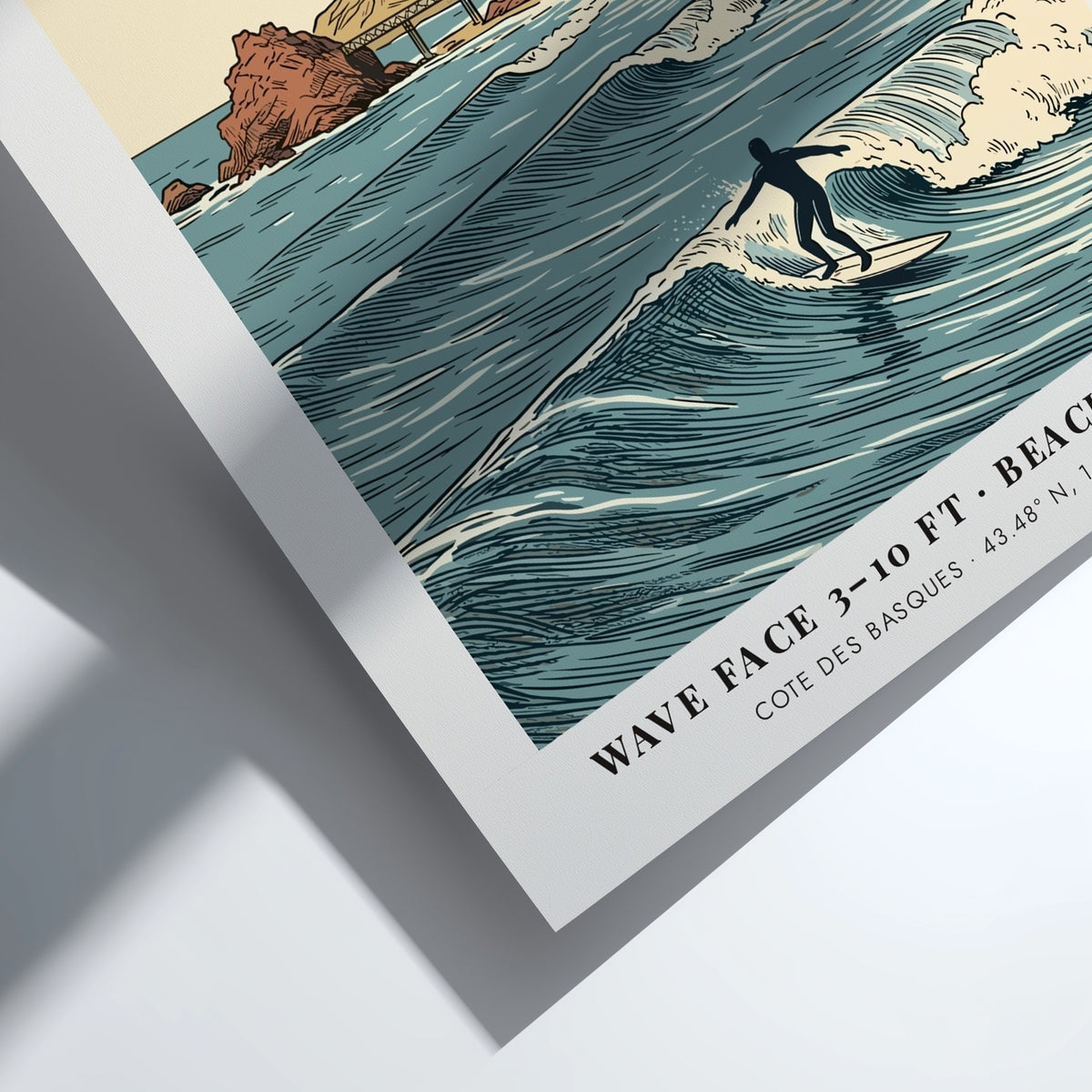 Biarritz travel poster featuring a lighthouse, historic buildings, and a surfer on waves.