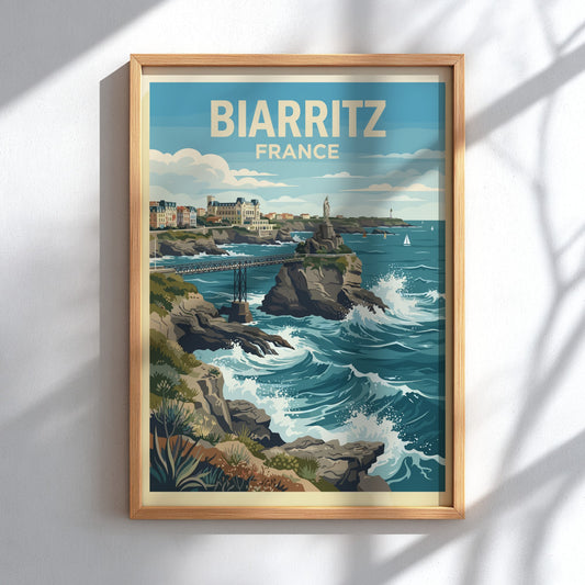 Biarritz France travel poster showing a coastal statue, iron bridge, and blue ocean waves.
