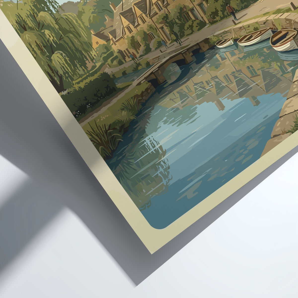 Bibury United Kingdom poster featuring charming stone cottages, a stone bridge, and boats.