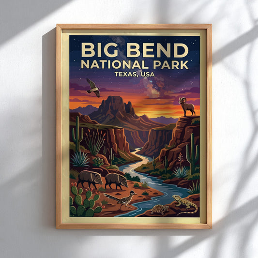 Travel poster of Big Bend National Park featuring desert wildlife and sunset mountain landscapes.