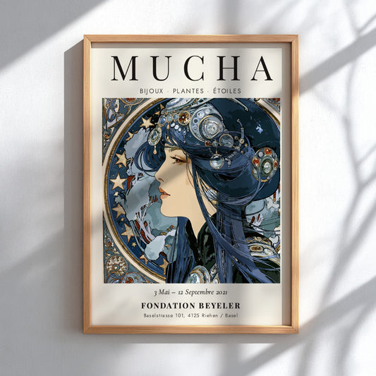 Alphonse Mucha poster featuring Bijoux Plantes Étoiles design with intricate details and soft colors