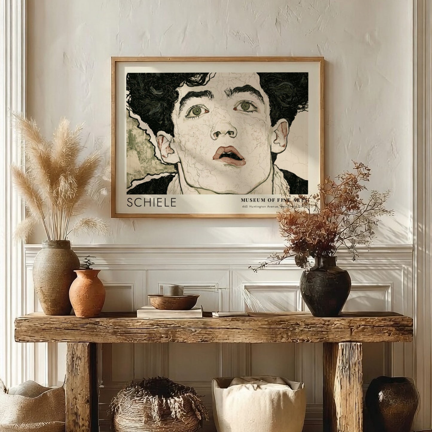 Wall art poster of an Egon Schiele portrait with dark hair and intense eyes.