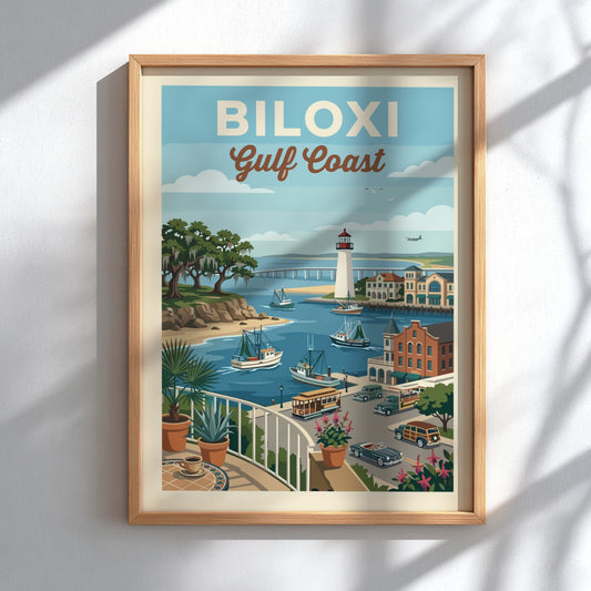 Vintage Biloxi Gulf Coast travel poster featuring a lighthouse, boats, and coastal town in a retro style.
