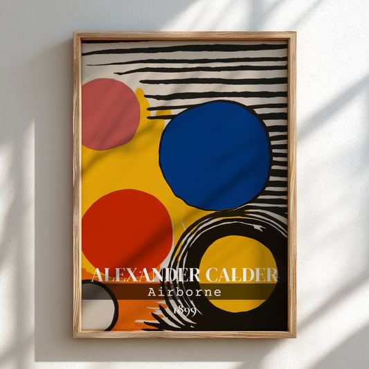Poster of Alexander Calder's "Airborne" abstract art with red, blue, pink circles and black stripes.