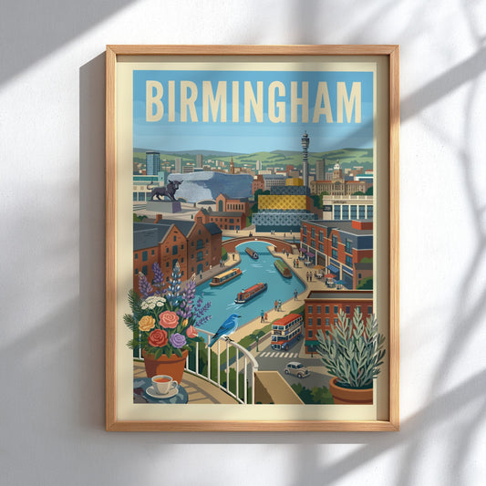 Vibrant Birmingham canal scene art print with narrowboats, brick buildings, and a blue bird on a balcony