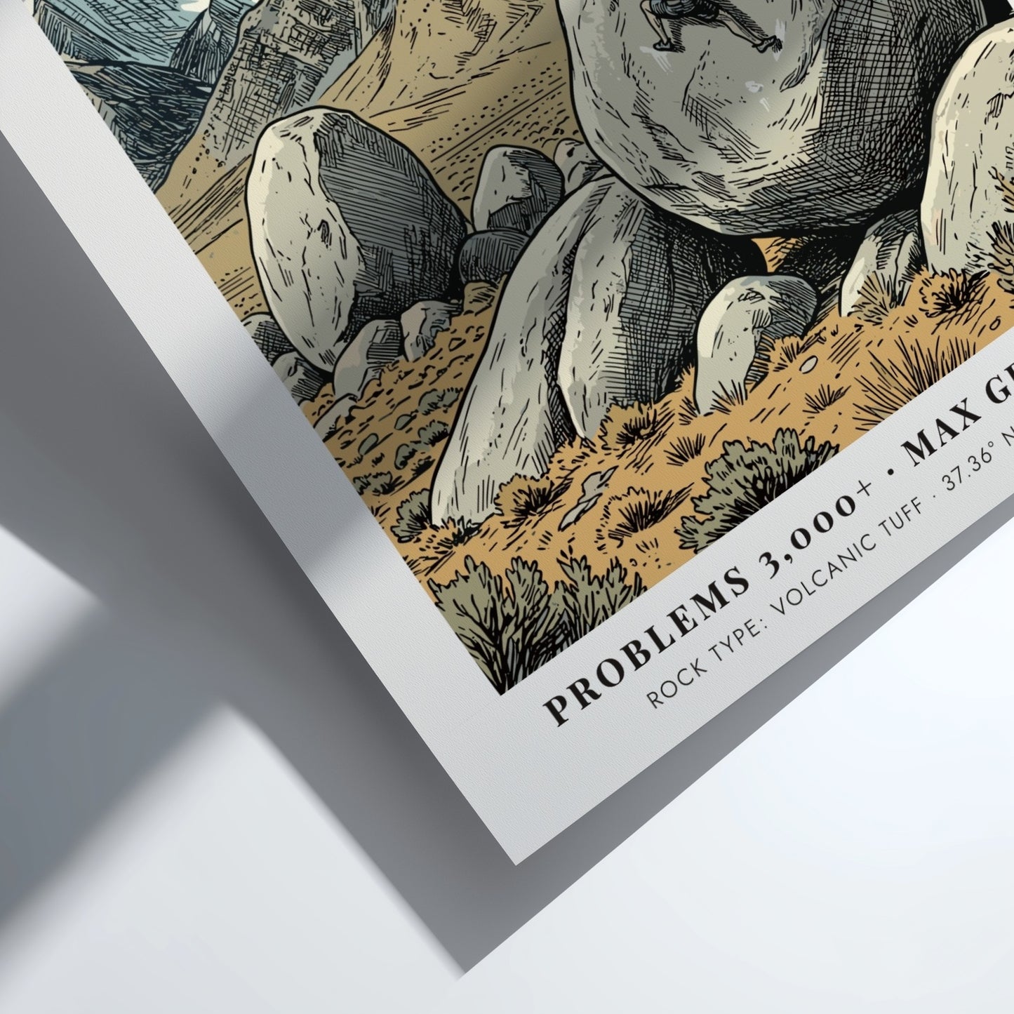 Poster of a climber scaling a large volcanic boulder in the Bishop mountains.