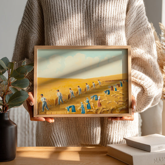 Folk art painting of Bishop Hill Colony 1875 by Olof Krans, featuring harvest scene in yellow and blue tones.