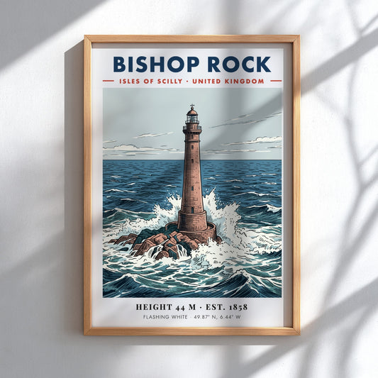 Poster of the Bishop Rock lighthouse surrounded by crashing waves in the ocean.