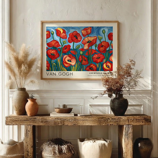Poppy field poster featuring Van Gogh's vibrant floral artwork in red and green colors