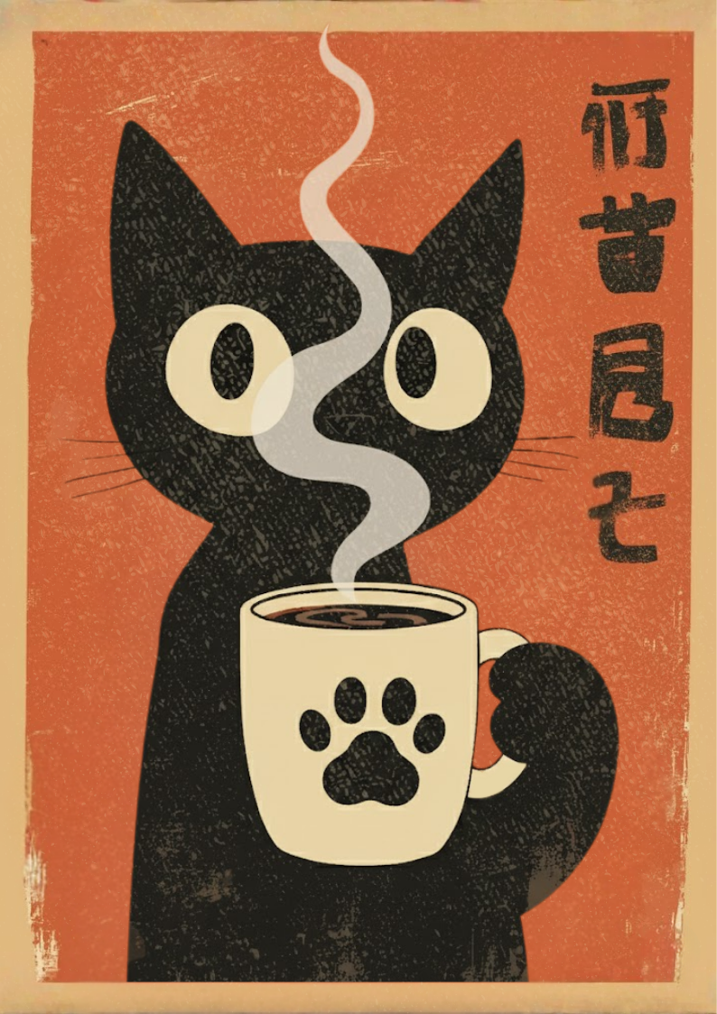 Illustration of a black cat holding a coffee cup with steam on an orange background