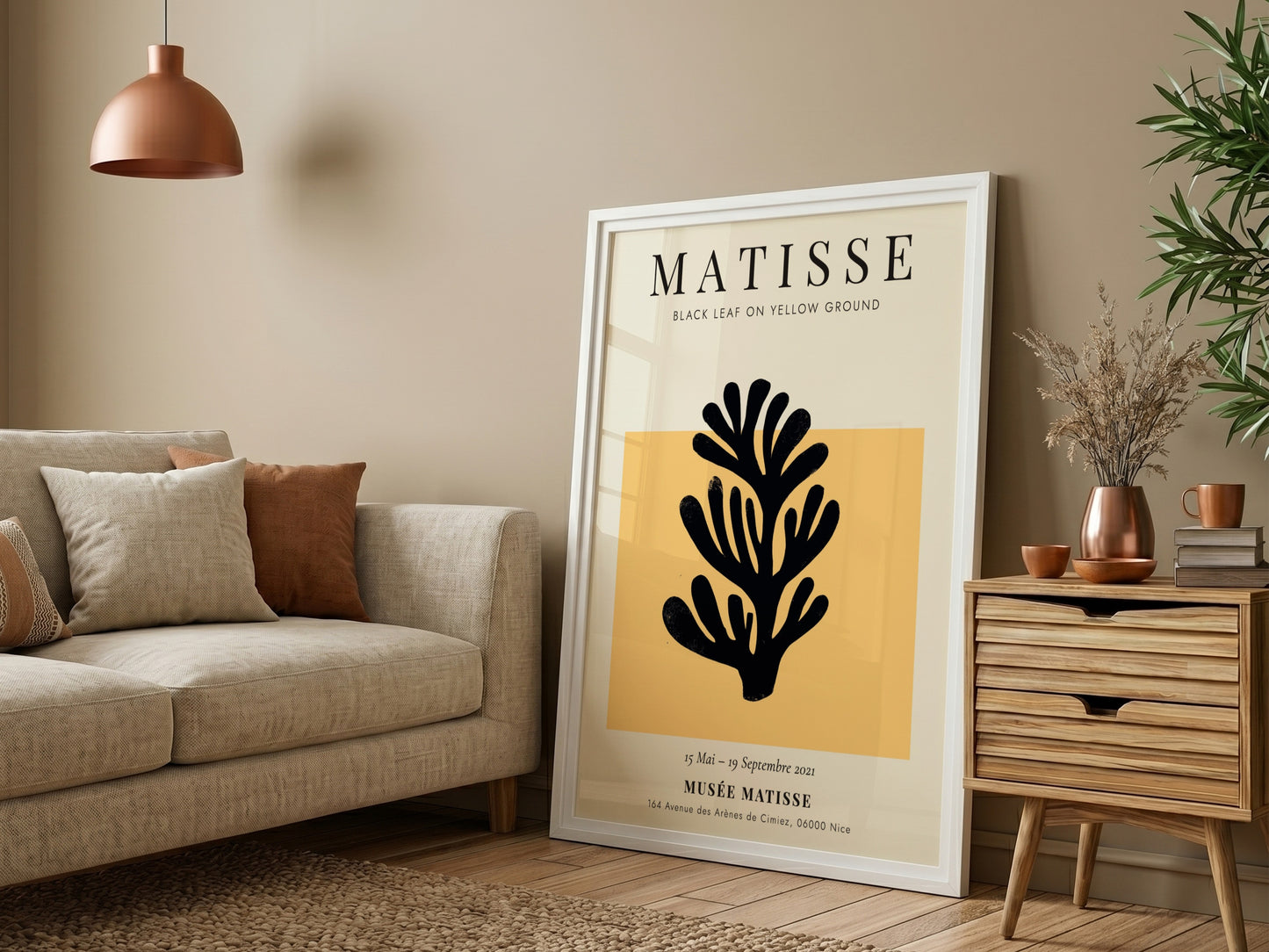 Henri Matisse Black Leaf poster featuring bold black silhouette on yellow background, ideal for home decor.