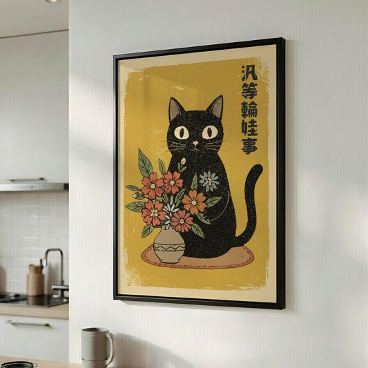 Black Cat Poster – Japanese Floral Woodblock Cottagecore Art Print