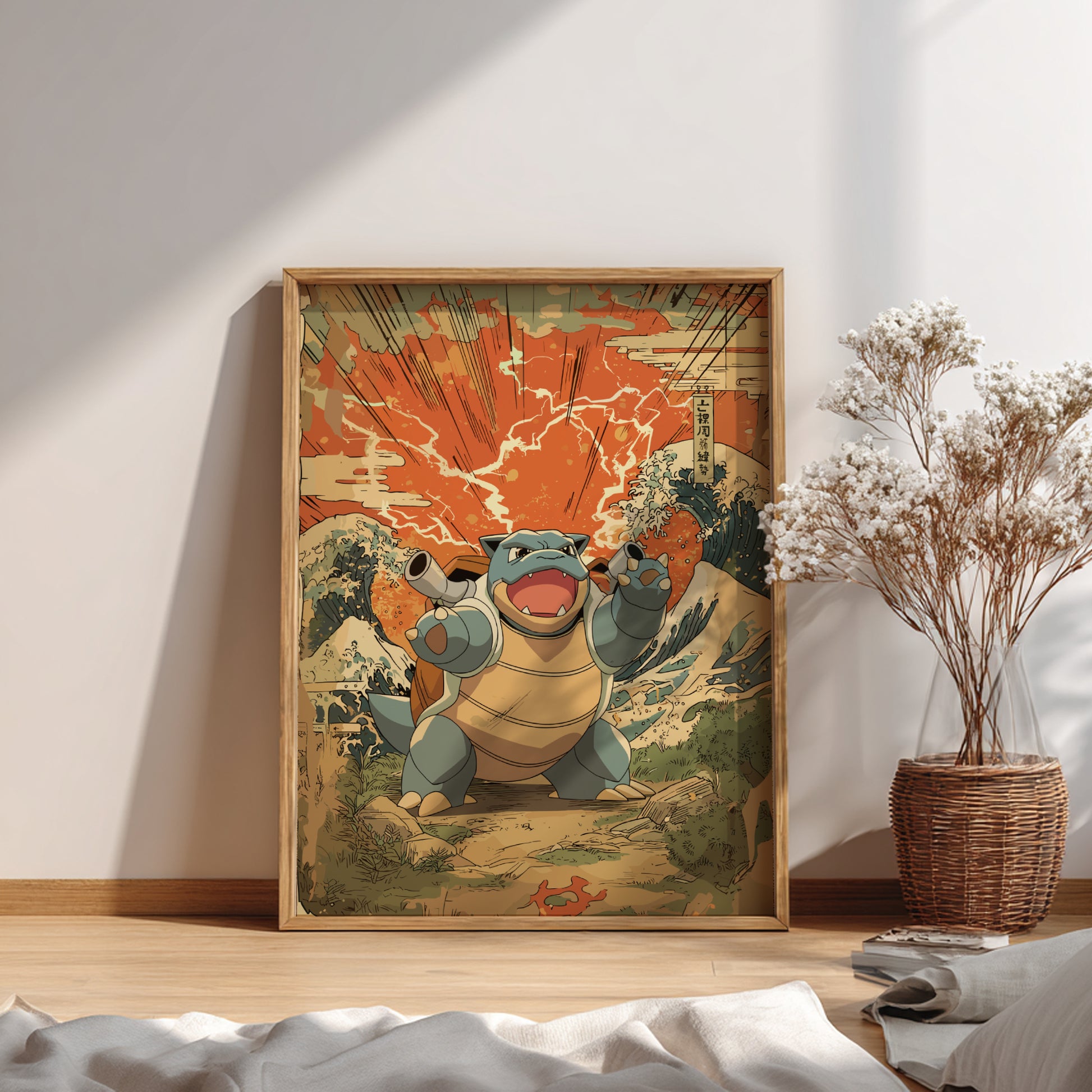 Framed artwork of a cartoon character, Blastoise Pokemon, in a room with a plant and books.