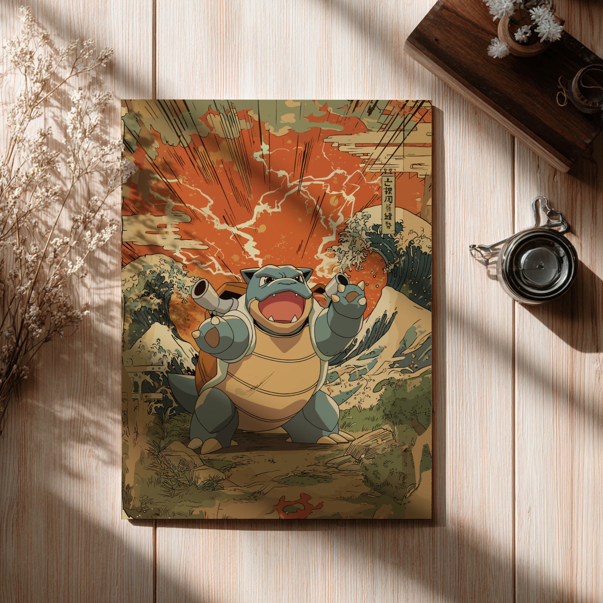 Vintage-style illustration of Blastoise Pokemon on a wooden surface with a cup and decorative elements.
