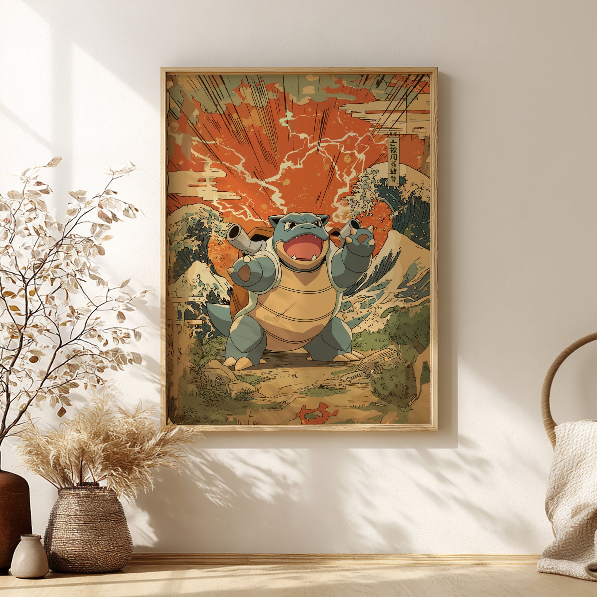 Framed artwork of Blastoise Pokemon character on a wall with decorative elements.