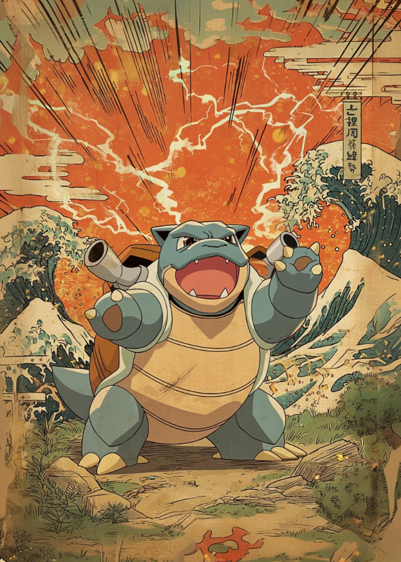 Animated character, Blastoise Pokemon, with a fiery background, resembling a traditional Japanese artwork.
