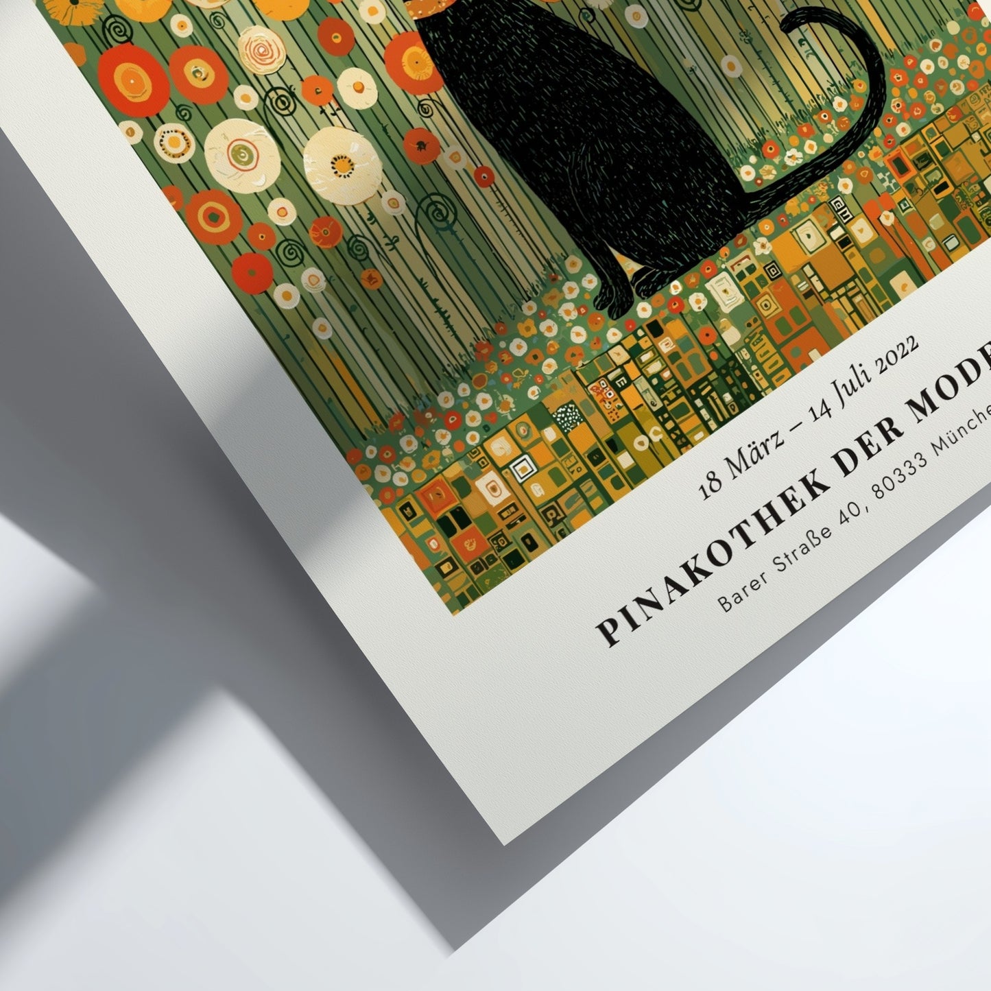 Poster featuring a black cat and golden flowers inspired by Gustav Klimt's style