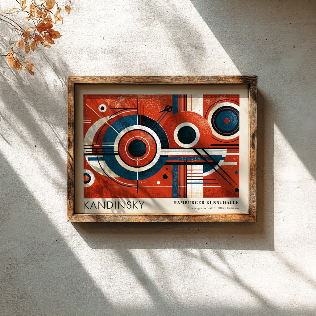 Wall art poster featuring Kandinsky Blaues Segment geometric circles in red and blue tones.