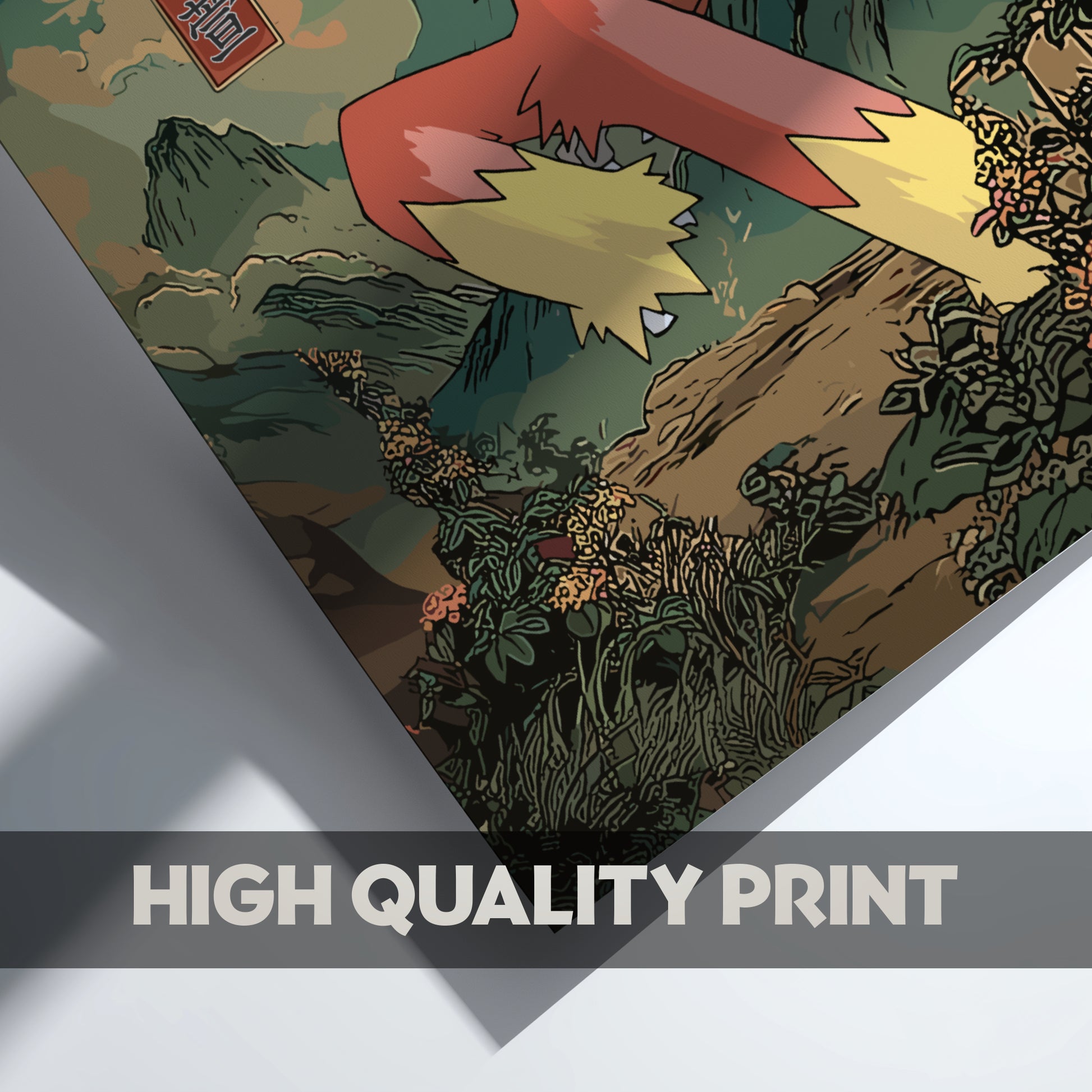 Comic book panel with Blaziken Pokemon character in a forest setting, featuring 'High Quality Print' text.