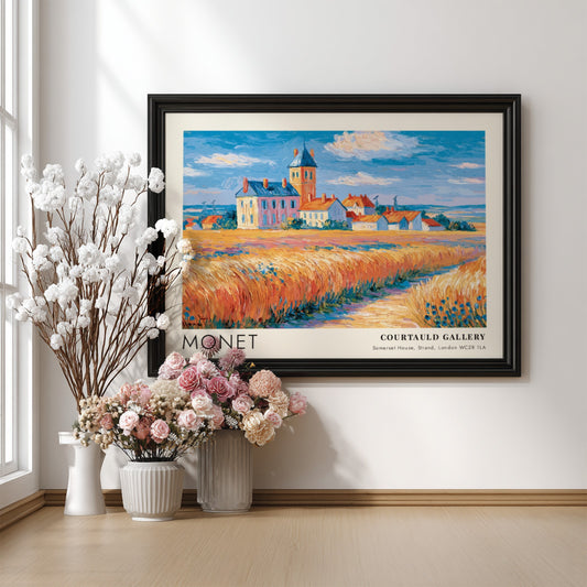 Bleuets - Champ de Blé poster featuring vibrant wheat fields and blue sky in Monet's impressionistic style