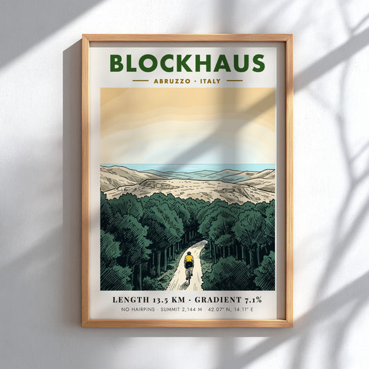 Poster featuring a lone cyclist riding up a winding mountain road in Blockhaus Italy.